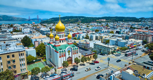 High angle view of townscape against sky