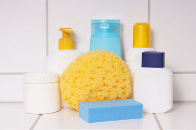 Close-up of various objects in bathroom