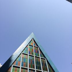 Low angle view of building against clear blue sky