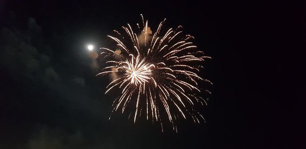 Low angle view of firework display at night