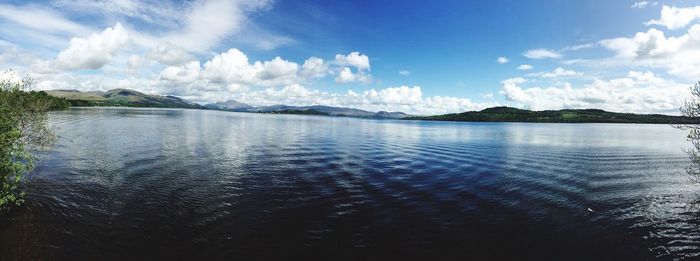 Scenic view of lake against cloudy sky