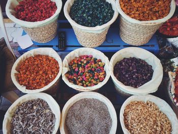 High angle view of various spices for sale at market stall