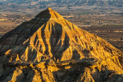 High angle view of tire tracks on mountain. bardenas reales. spain