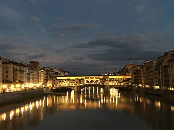 Illuminated bridge over river against cloudy sky