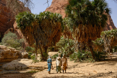 Rear view of people walking on rock