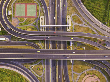 High angle view of multiple lane highway in city