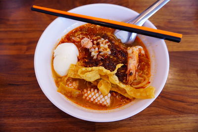 High angle view of food in bowl on table