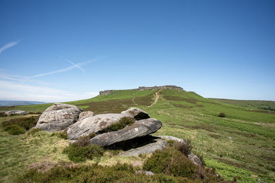 Scenic view of land against clear blue sky