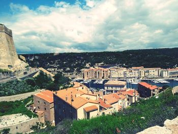 High angle view of townscape against sky