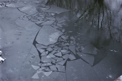 Reflection of snow covered puddle in lake