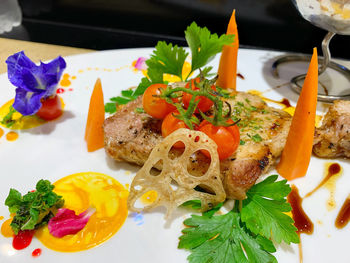 Close-up of fruit salad served in plate