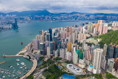 High angle view of city buildings at waterfront