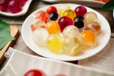 High angle view of dessert in plate on table