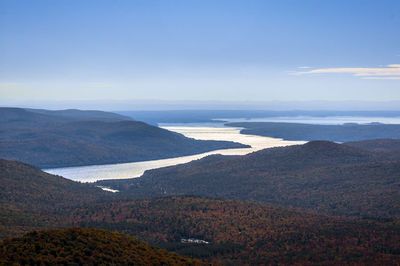 Scenic view of land and mountains against sky