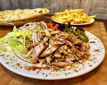 Close-up of food served on table