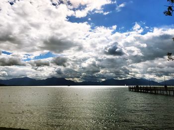 Scenic view of calm sea against cloudy sky