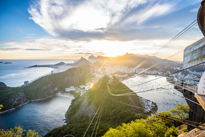 High angle view of sea against sky during sunset