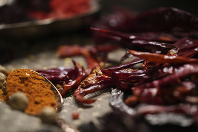 Close-up of dry leaves on table