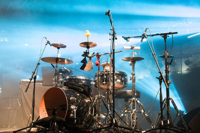 Low angle view of music instruments, dram and stage 