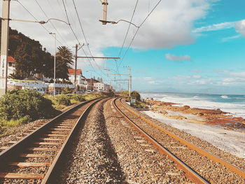 Railroad tracks by sea against sky