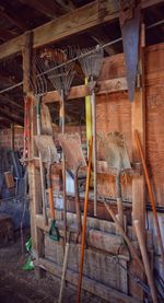 Gardening tools in a barn