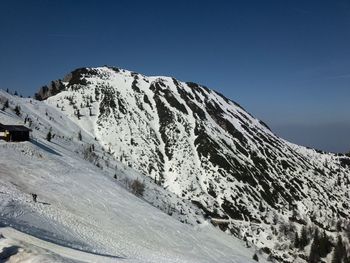 Scenic view of snowcapped mountains against clear sky