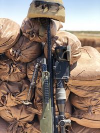 Rear view of man working on field