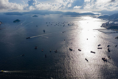 High angle view of sea shore against sky