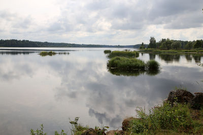 Scenic view of lake against cloudy sky