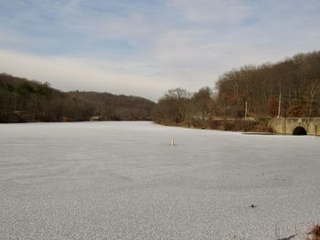 Scenic view of snow covered land against sky