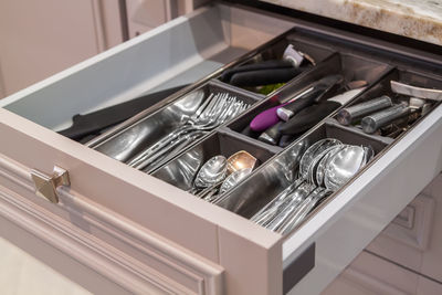 High angle view of containers in kitchen