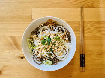 High angle view of meal served on table