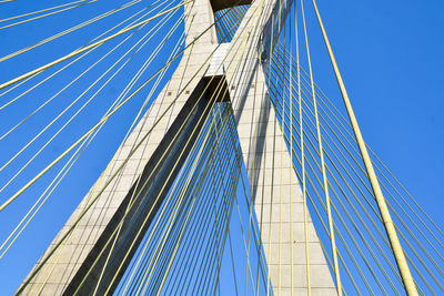 Low angle view of suspension bridge against blue sky