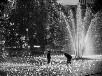 People on fountain against trees