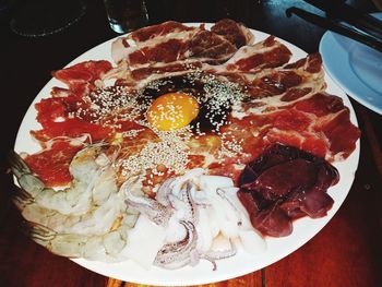 High angle view of breakfast served on table