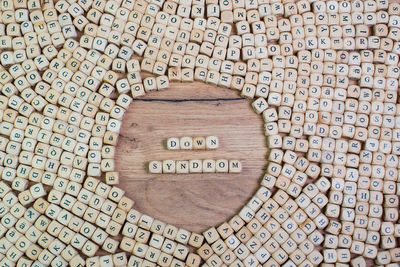 High angle view of text on wood