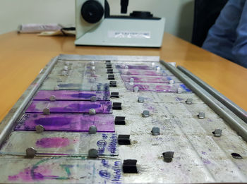 High angle view of text on table
