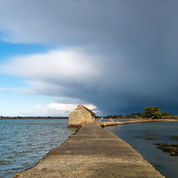 Empty footpath by sea against sky