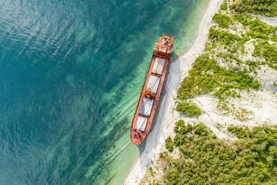 High angle view of ship in sea