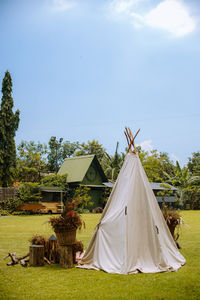 High angle view of tent on field against sky