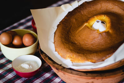 High angle view of breakfast in plate on table