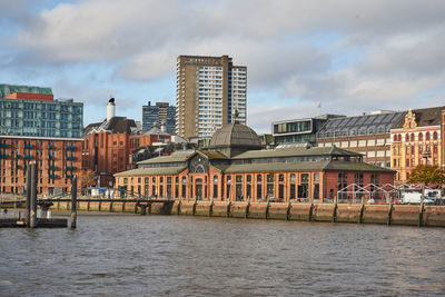 River by buildings in city against sky