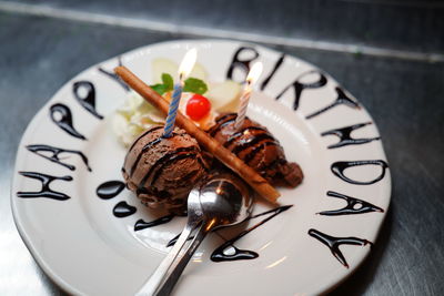 High angle view of dessert in plate on table