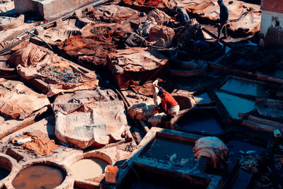 High angle view of man washing clothes outdoors