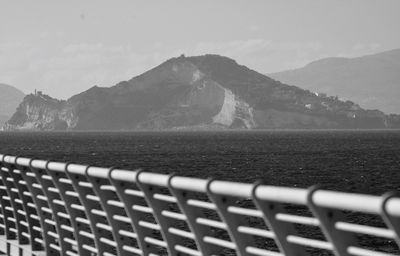 Scenic view of sea and mountains against sky