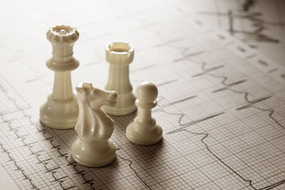 High angle view of chess pieces on floor