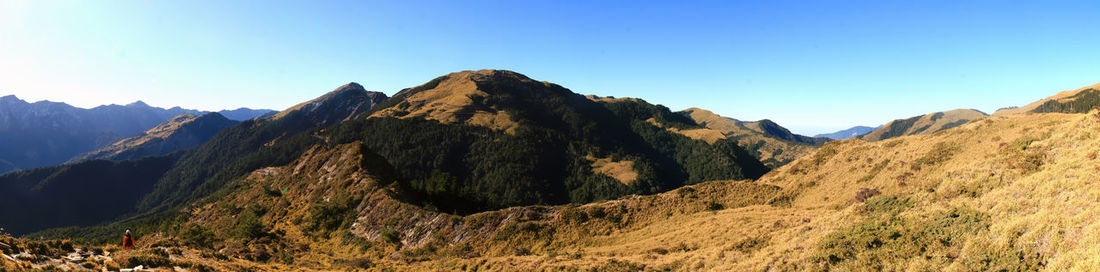 Panoramic view of mountains against clear blue sky