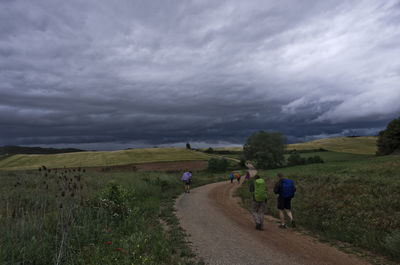 Rear view of people walking on agricultural field against sky