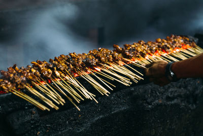 Cropped hand making meat on barbecue