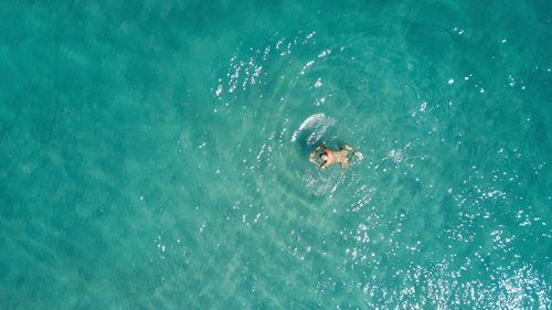 Directly above view of naked man swimming in sea